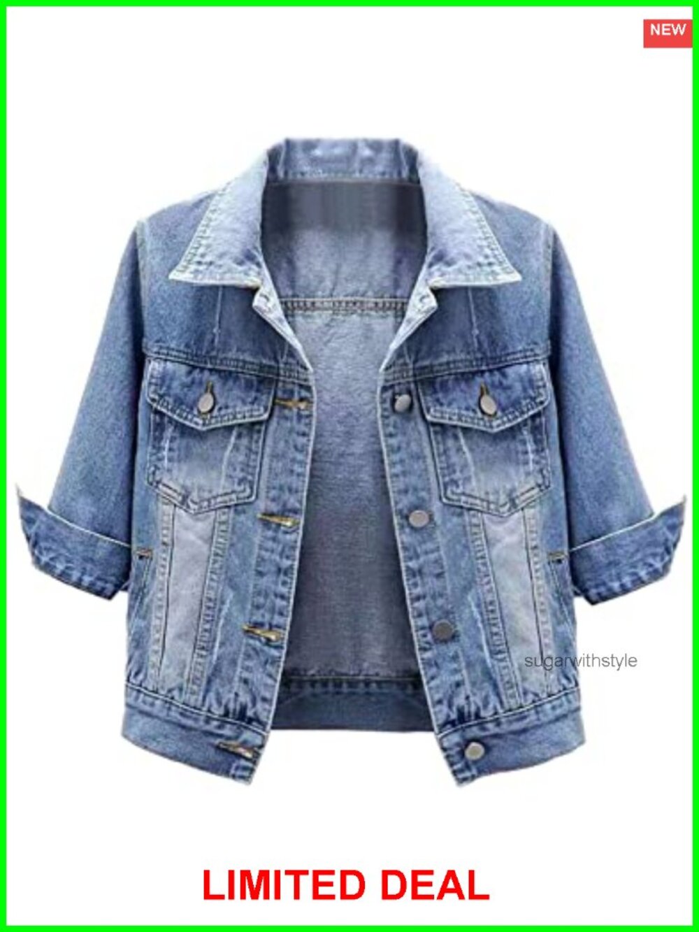 Locachy Womens Denim Jacket 3/4 Sleeve Button Down Cropped Trucker